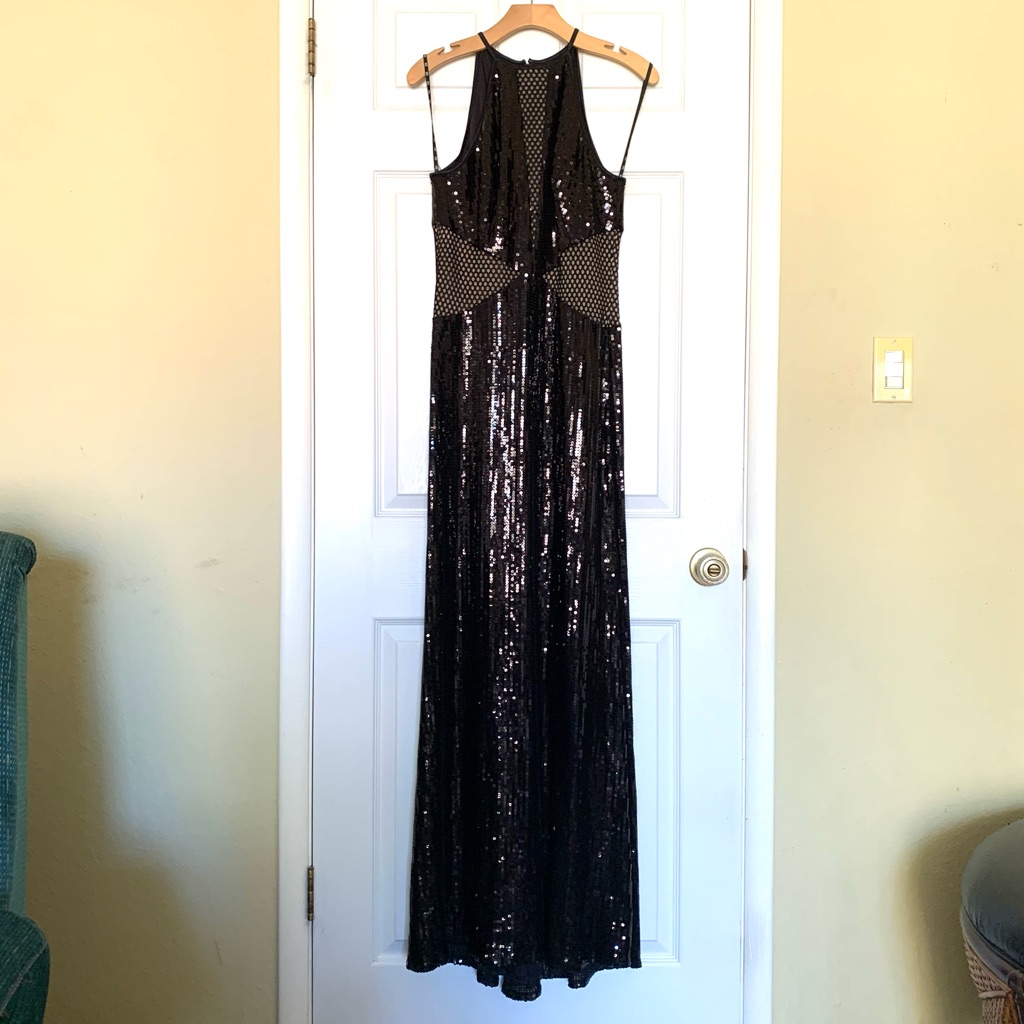 Black Sequin Sexy Halter Dress Tadashi Shoji. Mesh Accents At Waist. Nwt